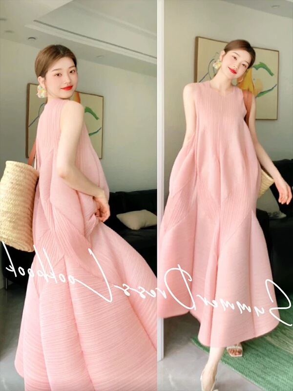 Maternity Dress for Summer, Issey Miyake Pleated Pink Floral Long Dress, Elegant Loose Fit, Slimming Fairy Dress, Sleeveless Tank Top