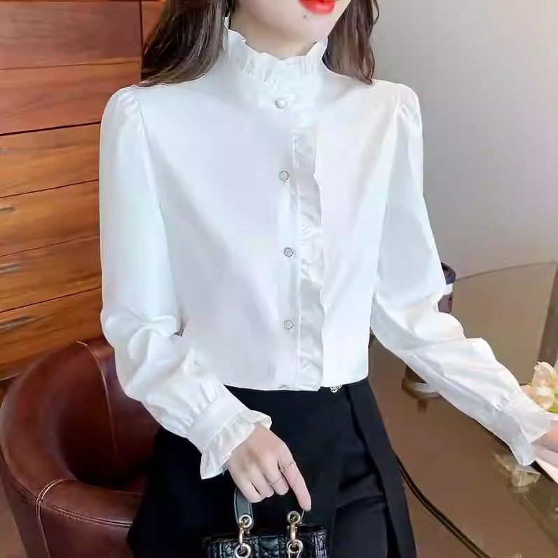 Французская шифоновая рубашка с оборками и кружевным воротником-стойкой, женская осенняя одежда в западном стиле, шикарная блузка с деревянными ушками и высоким воротником-стойкой и расклешенными рукавами