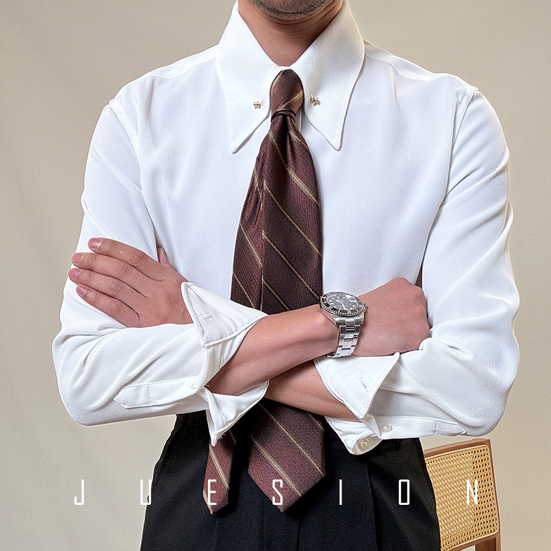 Juesion Italian-Style Long-Sleeved White Shirt for Men with Buttonhole Collar, No-Iron Business Gentleman's Large Pointed Collar Slim-Fit Shirt Juesion Italian-Style Long-Sleeved White Shirt for Men with Buttonhole Collar, No-Iron Business Gentleman's Large Pointed Collar Slim-Fit Shirt