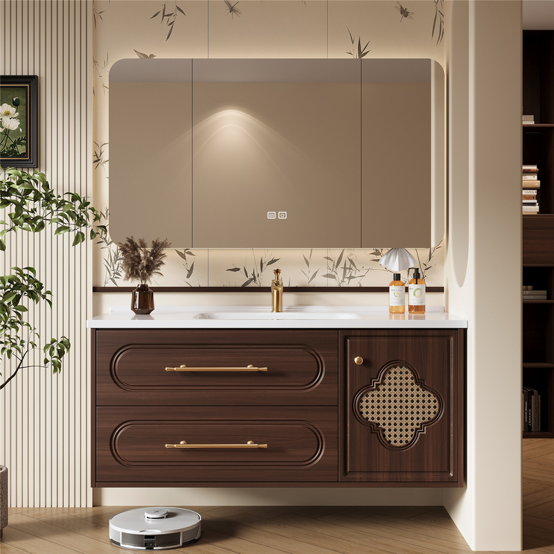 Song-Style Aesthetic Chinese-Style Oak Bathroom Cabinet with Smart Four-Leaf Clover Mirror, Retro Bathroom Sink and Washbasin