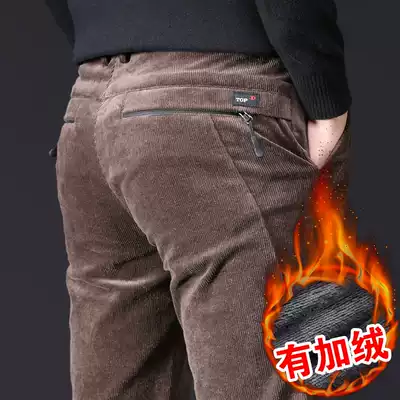 Corduroy pants Men's pants autumn and winter corduroy plus velvet thickened middle-aged velvet men's casual pants loose straight tube