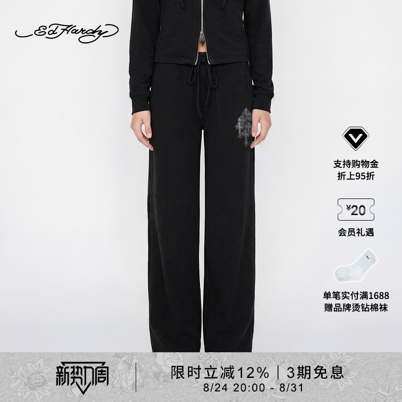 [Summer New Arrival] Ed Hardy Women's Cross Rhinestone Straight Leg Pants E1Sbw505