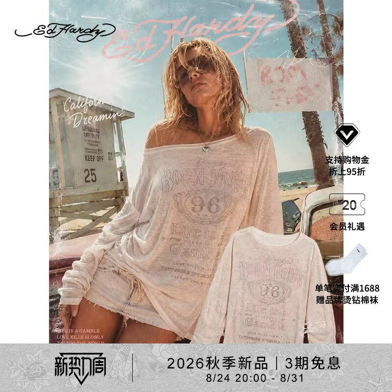 [Autumn New Arrivals] Ed Hardy Ed Hardy Autumn Women's Lightweight Rhinestone Printed Blouse Long Sleeve T-Shirt