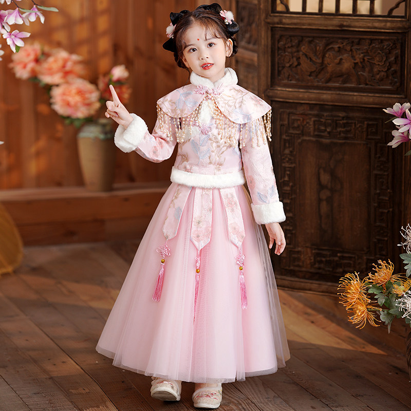 Children's Hanfu winter plus velvet suit dress Chinese style Tang suit princess dress baby winter clothes girls New Year's greetings clothes