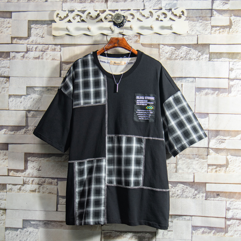 Flammable Youth 2022 Plaid Mend Programming Port Craze Relaxation Short Sleeve T-Shirt Male Summer Day Series Trend Ins