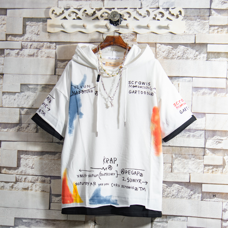 Flammable Youth 2022 Graffiti Harbor Craze With Cap Short Sleeve T-Shirt Male Summer Loose Ins 50% and half sleeve blouses