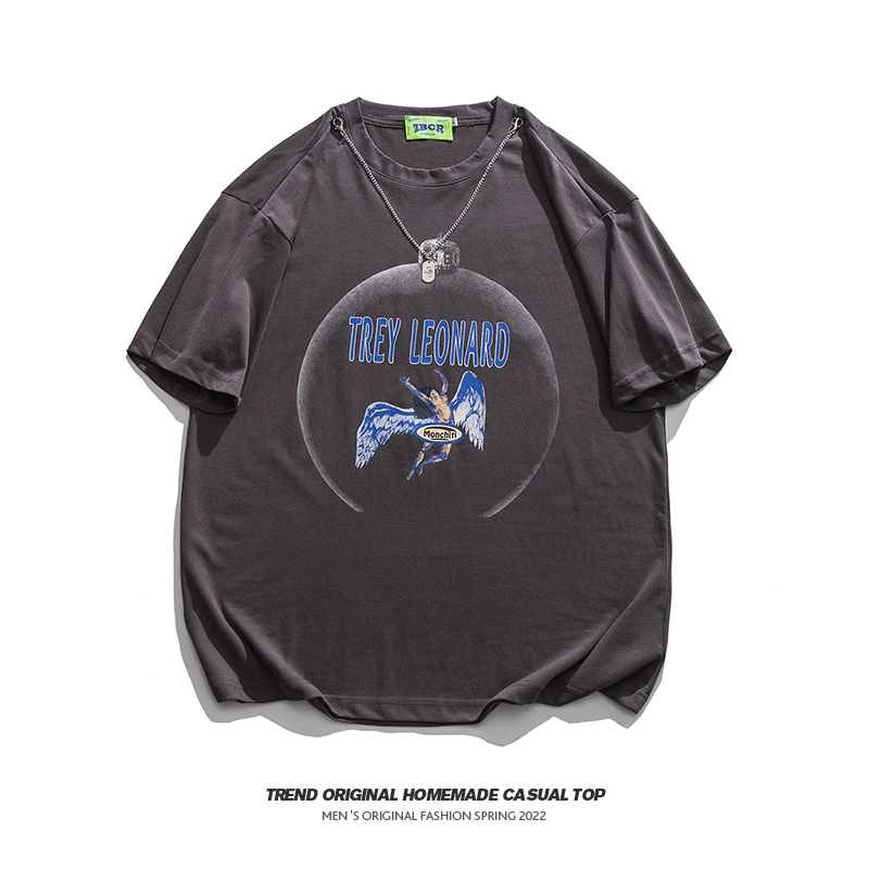 Flammable Youth 22 Angels Pattern Day Series Tide Cards Loose Short Sleeve T-Shirt Male Summer New Port Wind Round Collar Blouse