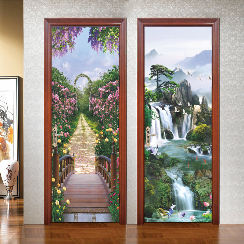 Chinese high mountain walking cloud flowing water source rolling countryside small road door sticker whole self-adhesive waterproof decoration paste