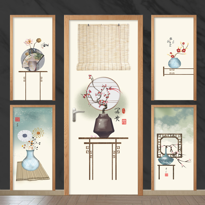 Creative Vase New Chinese Style Door Stickers Whole wooden door Renovated Waterproof Self-Glued Glass Ramen Decoration Sticker