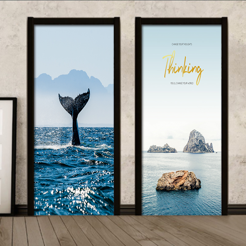 Nordic Style Marine Road Scenery Creative Waterproof Makeup Room Door Door stickers Self-glued Wooden Door Renovated