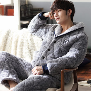 Men's pajamas in winter coral velvet three-layer thickened velvet cotton warm flannel autumn and winter home clothing set