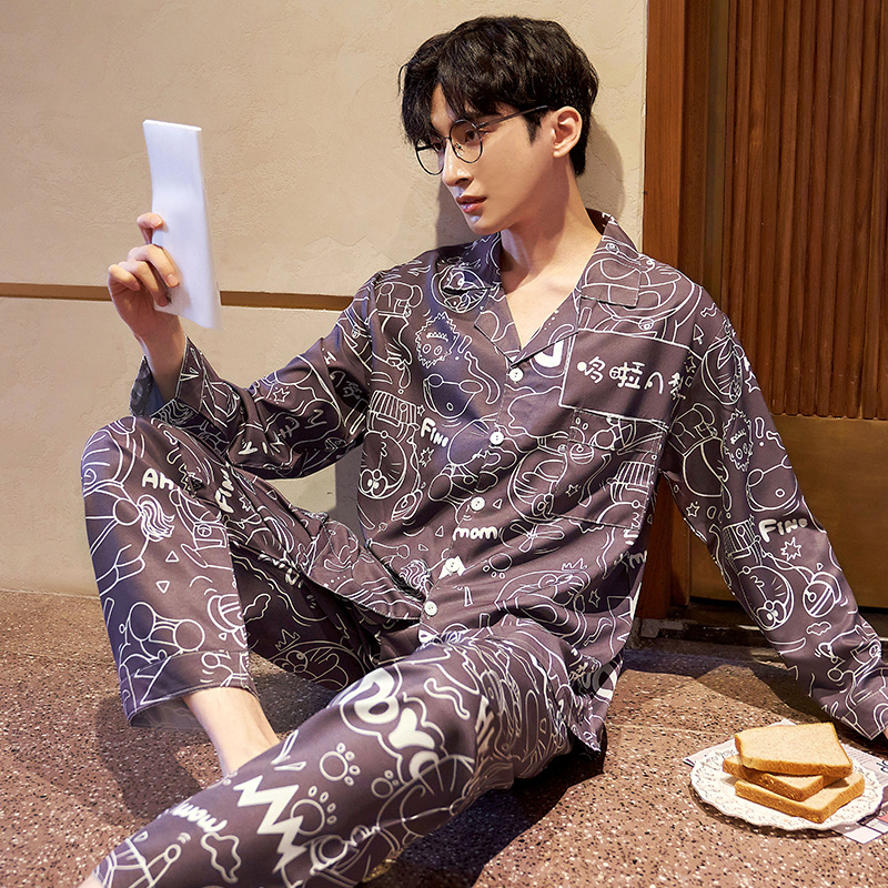Sleepwear Male Ice Silk Summer Long Sleeve Spring Autumn Teen Cartoon Silk Summer Air Conditioning Wear Thin home Clothing Suit
