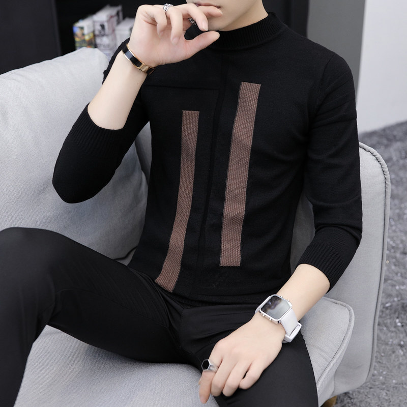Men's sweater half turtleneck autumn and winter plus velvet thick mid-neck knitted bottoming shirt trendy handsome men's sanitary clothes