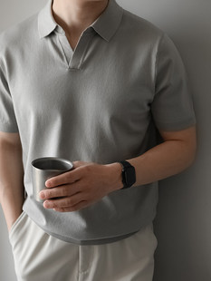 Натуральный шелк Лай перселл прохладно мужской отворот короткий рукав T -Frish Light зрелый стиль Поездка на древние вязание рубашка поло весна