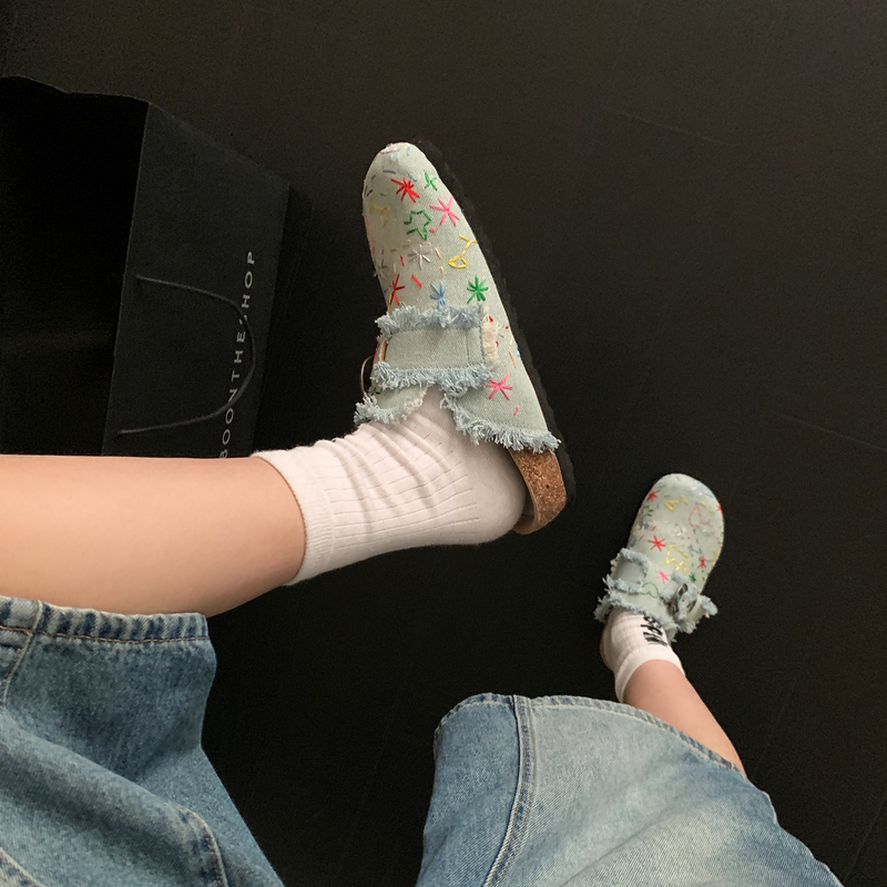 Retro Casual Style｜Washed Denim Graffiti Half-Slipper