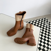 ABaojia small crowdstylish style soft noodles with non-slip short drum Rain boots female new square head brown fashion rain shoes