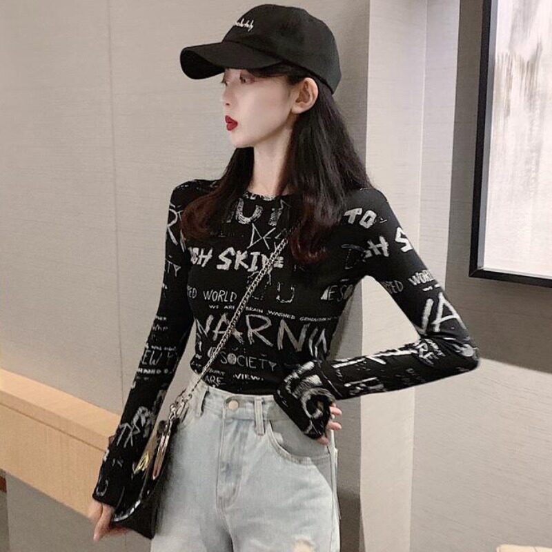 Vanya pure cotton long sleeve T-shirt woman autumn and winter new fashion aeroport wind graffiti printed dirty blouse coat