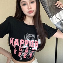 FAIRY MAJE Black Short Sleeve T Shirt Woman Summer New Refined High Low Dew Umbols Letter Print Short Cover