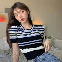 FAIRY MAJE Knitting Short Sleeve T Shirts Summer 2023 New Tailor Sense Small Strip Short Little Cover