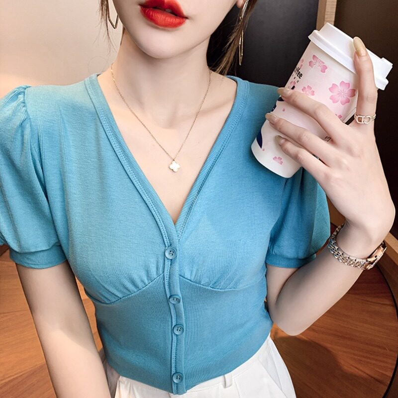 celine pianna short-sleeved T-shirt women's summer self-cultivation all-match Western style waist V-neck puff sleeve t shirt top