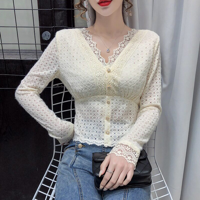 celine pianna lace jersey undershirt female spring and autumn Korean version of the ocean sent to the waist with a careful machine short blouse