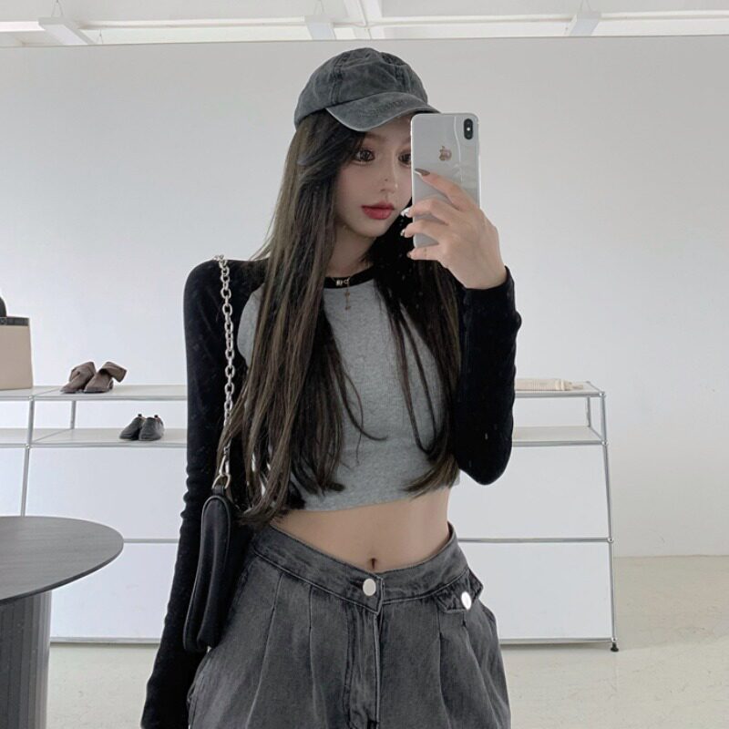 Vanya round shoulder sleeve and blouse shirt Spring and autumn to fit a short high waist long sleeve T-shirt