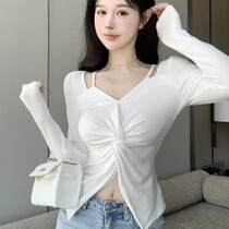 FAIRY MAJE white long sleeve T - shirt female Spring New hot punch punch torque V - collar short coat