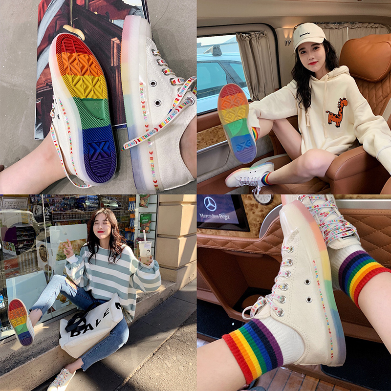 Zhang Bebeibell Fall's new rainbow Canvas Shoes Schoolgirl Korean version online Red 100 hitch a little white shoe