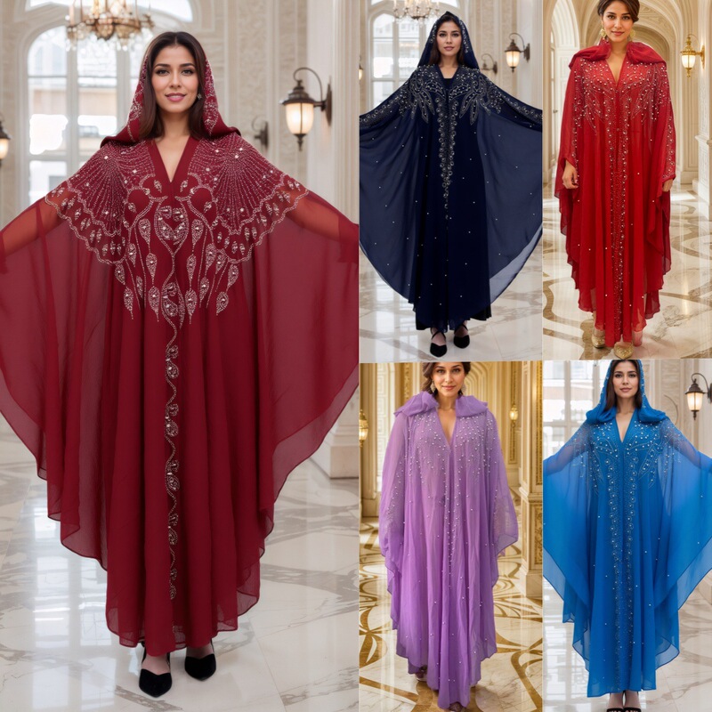 African Rhinestone-Embellished Muslim Shawl Hooded Cape Dress Batwing Sleeve Robe Long Dress for Women African Rhinestone-Embellished Muslim Shawl Hooded Cape Dress Batwing Sleeve Robe Long Dress for Women