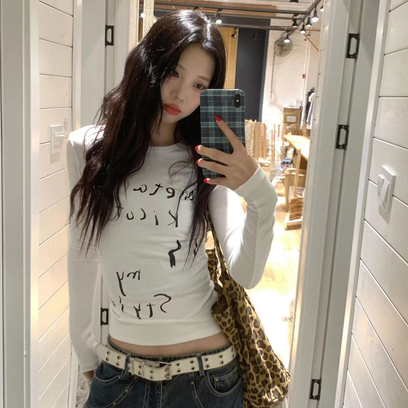 American Retro Pure Cotton Long-Sleeve T-Shirt for Women, Spring and Autumn, Short Slim-Fit Base Shirt, Trendy Slimming Top