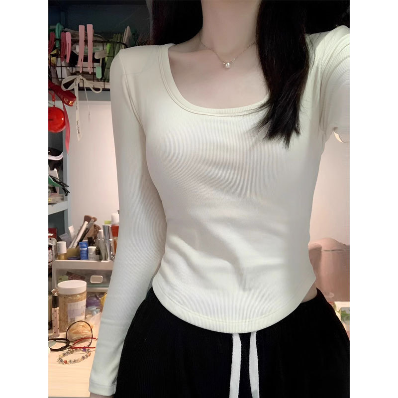 Design-Focused, Niche, Pure Cotton, Square-Neck, Long-Sleeved T-Shirt for Women, Suitable for Spring and Autumn, Short Base Layer, Slim Fit, Flattering Top