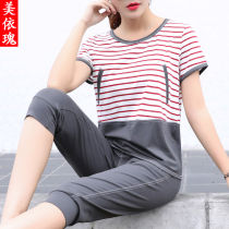 2021 new striped student casual pure cotton short-sleeved sportswear suit summer loose and thin three-point pants two-piece suit