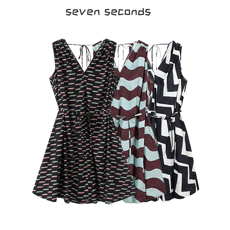2026 Summer New Holiday Style Sleeveless V-Neck Geometric Print Dress for Women with Waist Tie Vest Dress
