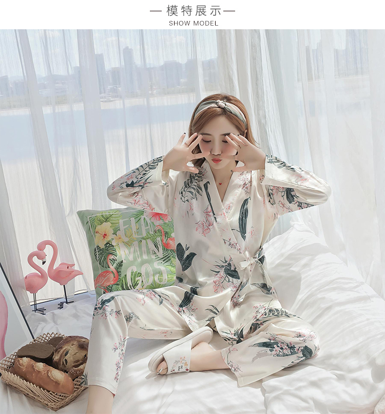 Bộ đồ ngủ kimono Nhật Bản phụ nữ mùa thu băng lụa dài tay mùa xuân và mùa thu Hàn Quốc của cô gái lụa mỏng có thể mặc một bộ đồ dịch vụ gia đình đồ bộ nữ
