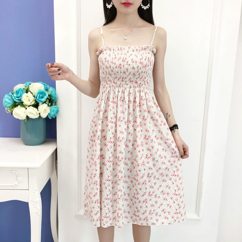 Phụ nữ mùa hè mới của phụ nữ Hàn Quốc phong cách Hàn Quốc quấn ngực hoa nhỏ tươi mát sinh viên ống đầu cao eo váy voan dây treo - Váy eo cao
