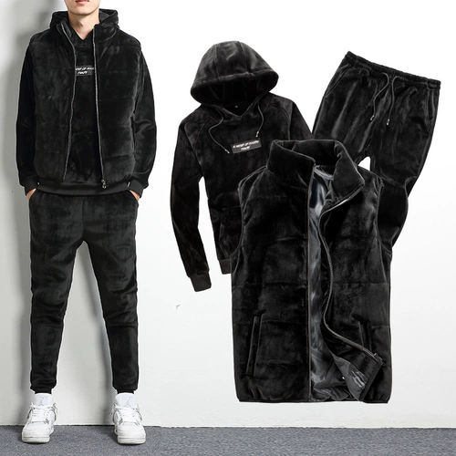 Бархатная толстовка, зимний комплект для отдыха, куртка с капюшоном, утепленный пуховик, 3 предмета