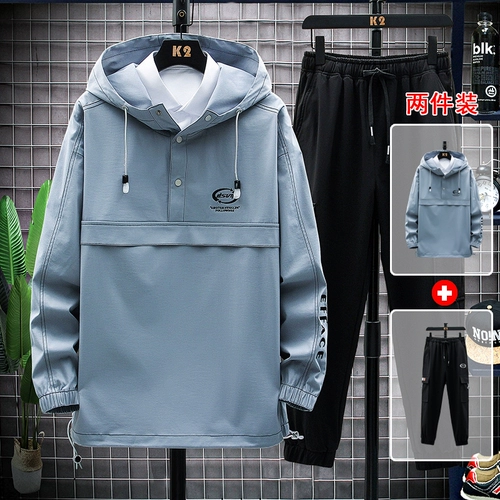 Комплект, мужские осенние трендовые штаны, осенняя утепленный лонгслив, коллекция 2021, в корейском стиле, свободный крой