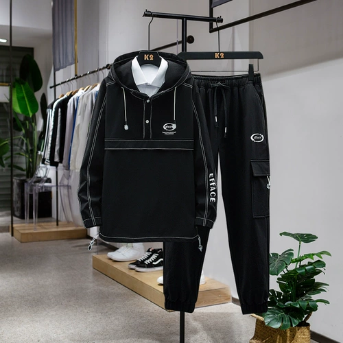 Комплект, мужские осенние трендовые штаны, осенняя утепленный лонгслив, коллекция 2021, в корейском стиле, свободный крой