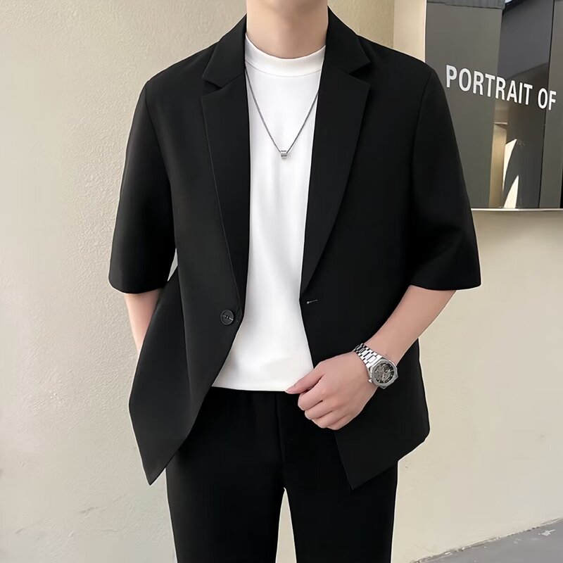 Summer Men's Casual Suit with Three-Quarter Sleeves, Fashionable Loose Blazer, Short-Sleeved, Stylish Single-Button Thin Top