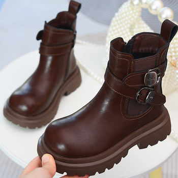 Genuine Leather Girls' Short Boots, Warm Children's Martin Boots, 2025 Autumn and Winter New Children's Shoes, Little Girls' Fleece-Lined Double Cotton Boots