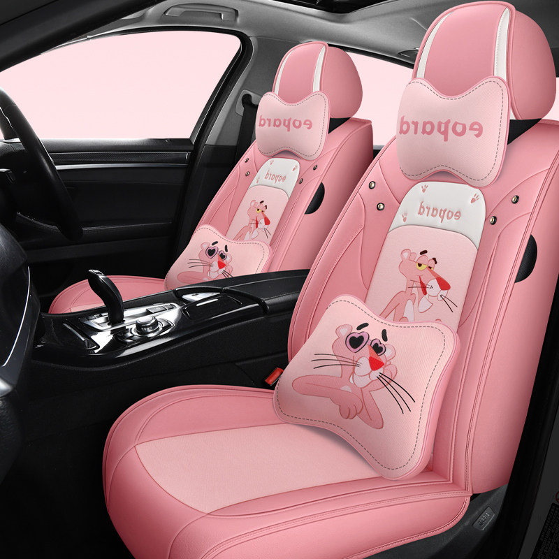 Car seat cover leather lady fully surrounded cartoon four seasons car cushion seat cover breathable universal cute linen seat cover