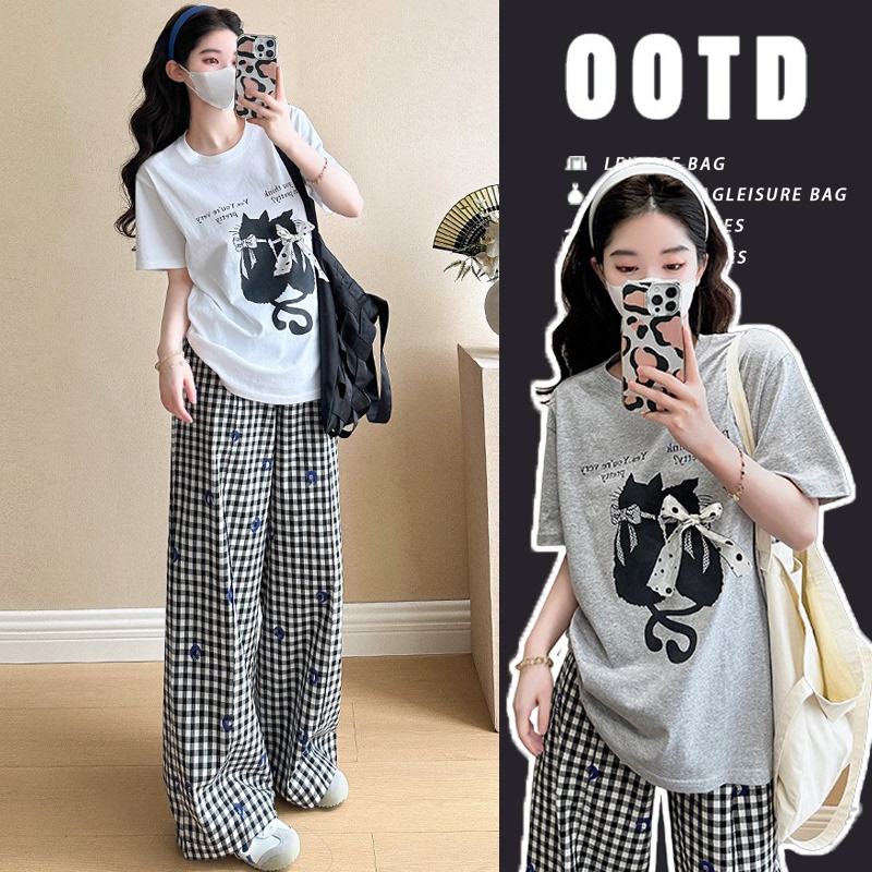 Maternity Wear Summer Style 2026 New Set Fashionable and Stylish Loose Casual Top T-Shirt Plaid Wide-Leg Pants