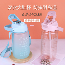 Large Capacity Sports Water Cup Outdoor Pitched Cup Subnet Red Fashion Straw Large Belly Cup Custom Summer Plastic Kettle