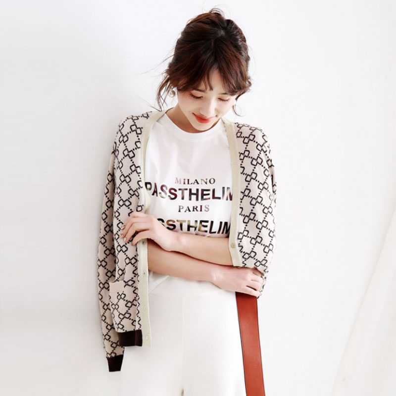 Small fragrant wind printed knit cardiovert 2020 fall new Korean version loose with slim outer lap wool coat thin