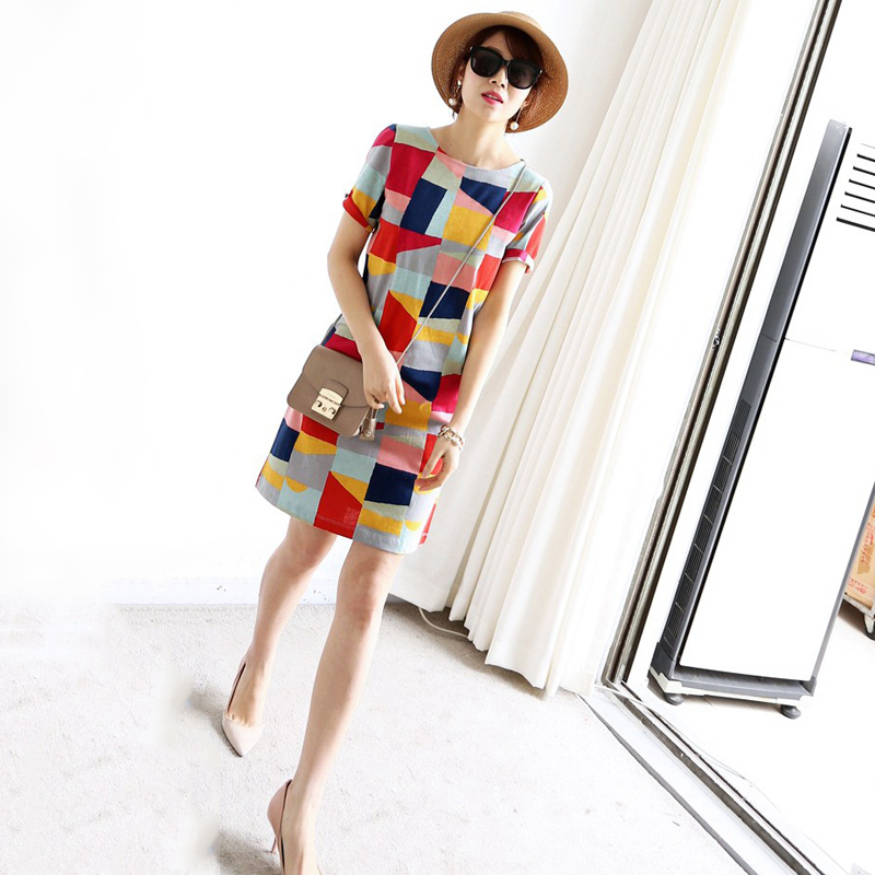 Printed dress women 2023 summer new Korean version loose and thin round neck fashion mid-length short-sleeved straight skirt