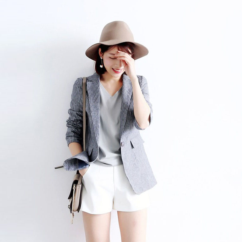 Cotton linen small suit jacket woman 2022 spring and summer new temperament working in long version striated 70% sleeves Western suit