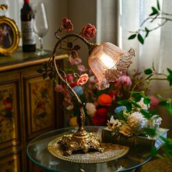 Vintage French Retro Table Lamp, Medieval Brass Pastoral Style Rose Atmosphere Living Room Bedroom Bedside Table Lamp