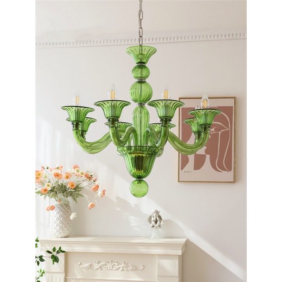Light French Elegant Green Candle Chandelier Designer Medieval Glass Light Luxury Retro Dining Room Living Room Bedroom Chandelier