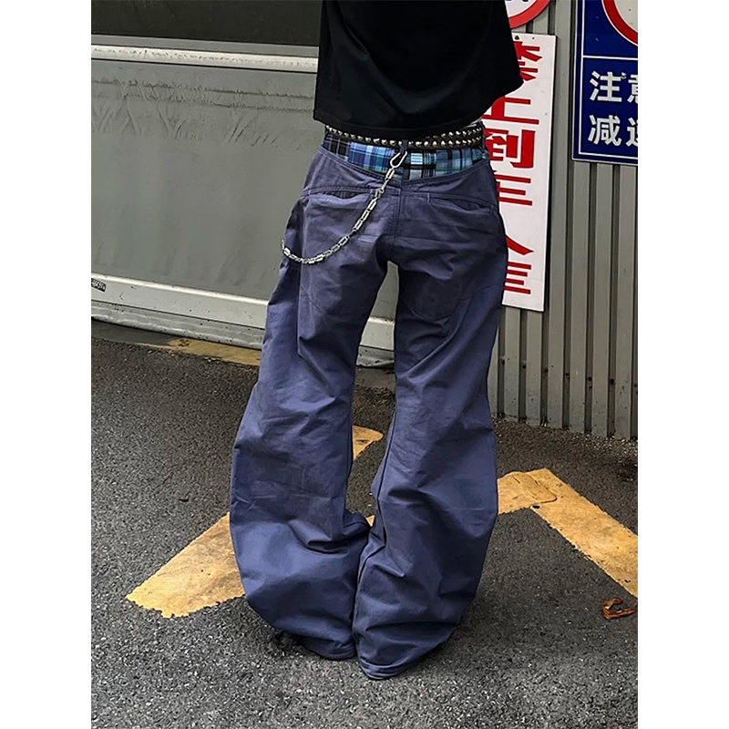 American Street Style Patchwork Curved Hem Work Pants for Men and Women, Loose Design, Versatile Couple's Casual Wide-Leg Pants