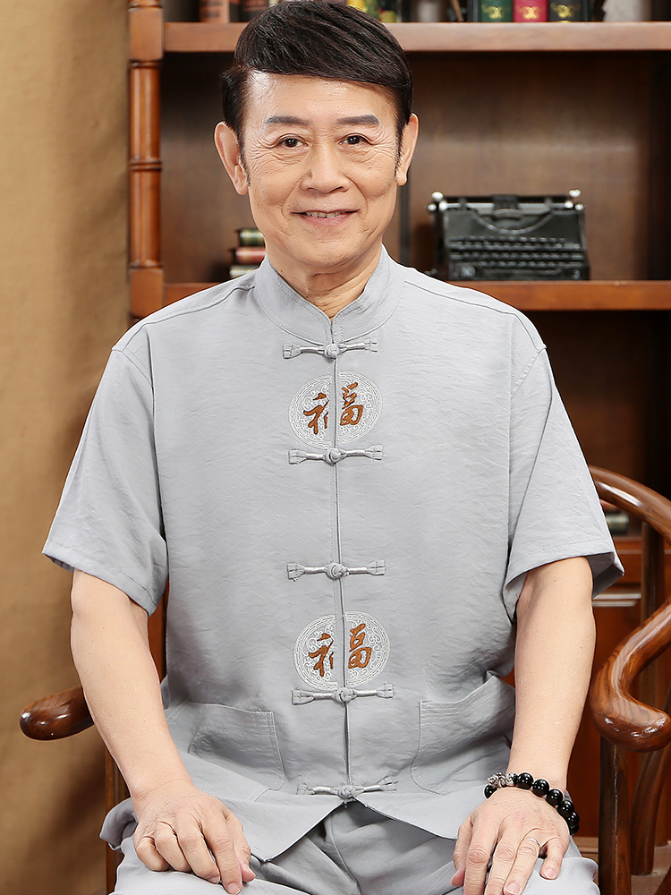 Chinese Tang dress Men's short-sleeved suit Middle and old age cotton linen Hanfu Chinese style large size grandpa Dad summer dress